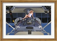 Framed Retro pin-up girl posing with a World War II era PBY Catalina seaplane
