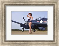 Framed 1940's Navy pin-up girl posing with a vintage Corsair aircraft
