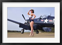 Framed 1940's Navy pin-up girl posing with a vintage Corsair aircraft