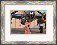 Framed Sexy 1940's pin-up girl in lingerie posing with a B-25 bomber