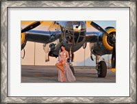 Framed Sexy 1940's pin-up girl in lingerie posing with a B-25 bomber