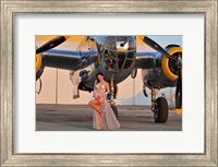 Framed Sexy 1940's pin-up girl in lingerie posing with a B-25 bomber