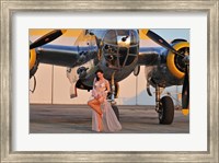 Framed Sexy 1940's pin-up girl in lingerie posing with a B-25 bomber