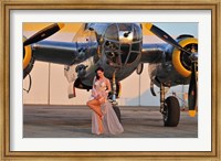 Framed Sexy 1940's pin-up girl in lingerie posing with a B-25 bomber