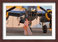 Framed Sexy 1940's pin-up girl in lingerie posing with a B-25 bomber