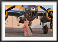 Framed Sexy 1940's pin-up girl in lingerie posing with a B-25 bomber