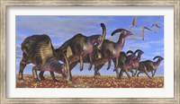 Framed herd of Parasaurolophus dinosaurs searching for vegetation