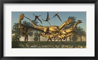 Framed pack of Dilophosaurus dinosaurs hunting for prey