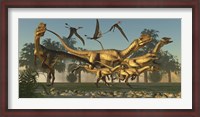 Framed pack of Dilophosaurus dinosaurs hunting for prey