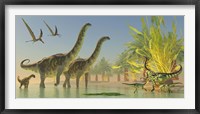Framed Deinocheirus dinosaurs watch a group of Argentinosaurus walk through shallow waters