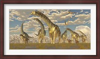 Framed Hypsilophodon and pteranodon dinosaurs accompany a herd of Argentinosaurus