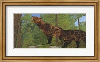 Framed Two Saber-Toothed Cats search for prey in a pine forest