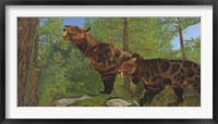 Framed Two Saber-Toothed Cats search for prey in a pine forest