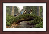 Framed group of Dodo birds crossing a natural bridge over a stream