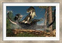 Framed couple of Carnotaurus dinosaurs fighting