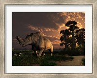 Framed Megacerops grazing a prehistoric landscape