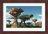 Framed pair of Aucasaurus dinosaurs walk amongst a forest of stone sculptures