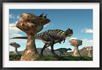 Framed pair of Aucasaurus dinosaurs walk amongst a forest of stone sculptures