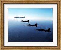 Framed Three F-5E Tiger IIs fly in formation with a Learjet 25
