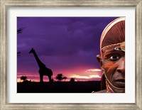 Framed Maasai Warrior with Sunset on the Serengeti, Kenya