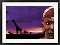 Framed Maasai Warrior with Sunset on the Serengeti, Kenya