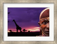 Framed Maasai Warrior with Sunset on the Serengeti, Kenya