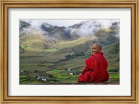 Framed Monk and Farmlands in the Phobjikha Valley, Gangtey Village, Bhutan