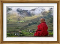 Framed Monk and Farmlands in the Phobjikha Valley, Gangtey Village, Bhutan