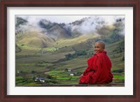 Framed Monk and Farmlands in the Phobjikha Valley, Gangtey Village, Bhutan