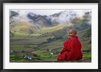 Framed Monk and Farmlands in the Phobjikha Valley, Gangtey Village, Bhutan