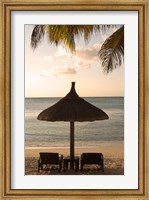 Framed Mauritius, Beach scene, umbrella, chairs, palm fronds