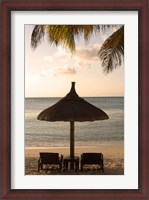 Framed Mauritius, Beach scene, umbrella, chairs, palm fronds