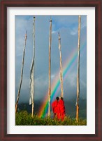 Framed Rainbow and Monks with Praying Flags, Phobjikha Valley, Gangtey Village, Bhutan