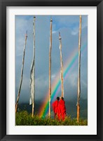 Framed Rainbow and Monks with Praying Flags, Phobjikha Valley, Gangtey Village, Bhutan