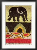 Framed Namibia, Swakopmund. Karakulia, elephant design on wool textiles