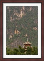 Framed Pagoda and giant karst peak behind, Yangshuo Bridge, China