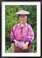 Framed Portrait of a farmer wearing bamboo hat, Bumthang, Bhutan