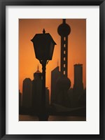 Framed Oriental Pearl TV Tower and High Rises at Sunrise, Shanghai, China