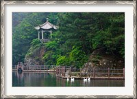 Framed Pavilion with lake in the mountain, Tiantai Mountain, Zhejiang Province, China