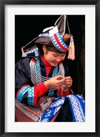 Framed Tip-Top Miao Girl Doing Traditional Embroidery, China