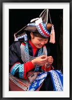 Framed Tip-Top Miao Girl Doing Traditional Embroidery, China