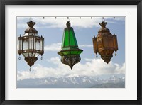 Framed View of the High Atlas Mountains and Lanterns for Sale, Ourika Valley, Marrakech, Morocco