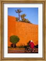 Framed Veiled Woman Bicycling Below Red City Walls, Marrakech, Morocco