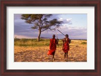 Framed Two Maasai Morans Walking with Spears at Sunset, Amboseli National Park, Kenya