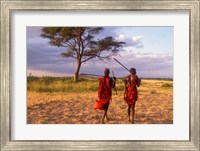 Framed Two Maasai Morans Walking with Spears at Sunset, Amboseli National Park, Kenya