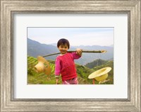 Framed Young Girl Carrying Shoulder Pole with Straw Hats, China