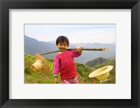 Framed Young Girl Carrying Shoulder Pole with Straw Hats, China