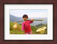 Framed Young Girl Carrying Shoulder Pole with Straw Hats, China