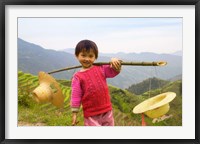 Framed Young Girl Carrying Shoulder Pole with Straw Hats, China