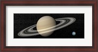 Framed Large planet Saturn and its rings next to small planet Earth